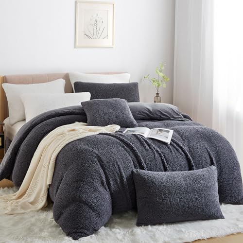 Nayoroom Sherpa Fleece Bettwäsche Set 135x200 4teilig Grau Winter Warme Cashmere Touch Bettbezug Super Weich Flauschig Flanell Winterbettwäsche mit Reißverschluss Kissenbezug 80x80 cm von Nayoroom