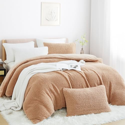 Nayoroom Winter Bettwäsche 135x200 4teilig Fleece Sherpa Warm Flauschig Bettwäsche-Sets ÖKO-TEX 2er Bettbezug 135 x 200 cm und 2 Kissenbezug 80x80 cm mit Reißverschluss | Khaki Camel von Nayoroom