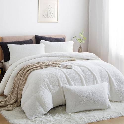 Nayoroom Sherpa Fleece Bettwäsche Set 135x200 Weiß Winter Warme Cashmere Touch Bettbezug Super Weich Flauschig Flanell Winterbettwäsche mit Reißverschluss Kissenbezug 80x80 cm von Nayoroom