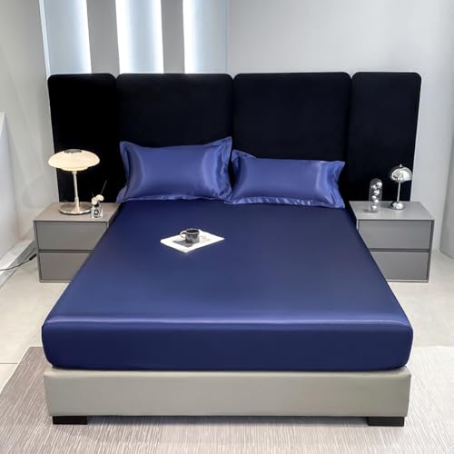 Nayoroom Spannbettlaken 90x200cm 2er Pack Boxspringbett Blau Seide Glanzsatin Bettlaken Marineblau Satin Entspanno Matratzenbezug Gummizug Matratzentopper Spannbetttuch für Topper Matratze bis Höhe 30 von Nayoroom