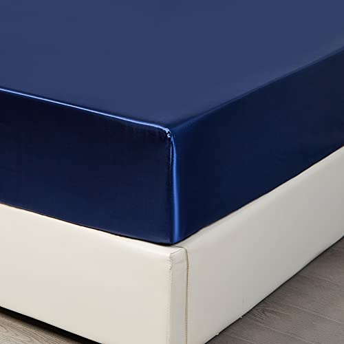 Nayoroom Spannbettlaken Satin 140x200cm Blau Seide Glanzsatin Glatt und Bequem Microfaser Spannbetttuch Bettlaken für Boxspringbett Topper Matratze bis 25 cm von Nayoroom