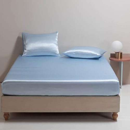 Nayoroom Spannbettlaken Satin 160x200cm Hellblau Seide Glanzsatin Glatt und Bequem Microfaser Spannbetttuch Bettlaken für Boxspringbett Topper Matratze bis 25 cm von Nayoroom