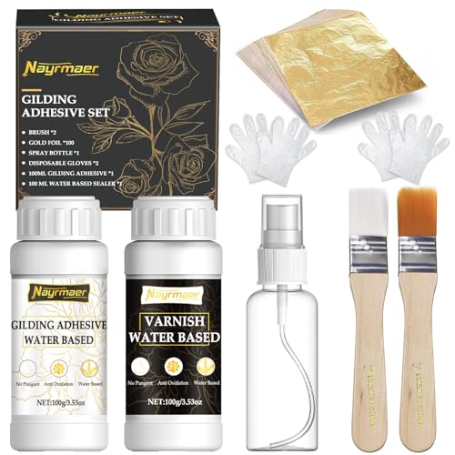 Blattgold Kleber Set, 100 ml Blattgold Kleber und 100 ml Schutzlack auf Wasserbasis, Blattgold 100 Stück, Pinsel, Sprühflasche, Malen, Professionellen Bastelgebrauch, Dekoration(Gilding Adhesive Set) Blattgold Kleber Set, 100 ml Blattgold Kleber und 100 ml Schutzlack auf Wasserbasis, Blattgold 100 Stück, Pinsel, Sprühflasche, Malen, Professionellen Bastelgebrauch, Dekoration(Gilding Adhesive Set) von Nayrmaer