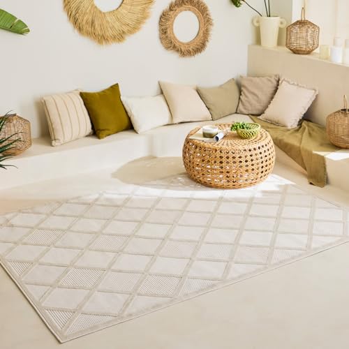 Nazar Santorini Teppich für Wohnzimmer, für den Außenbereich, modern, Weiß, Beige, Grau, Schwarz, Türkis, Gelb, Rosa, Reliefmuster, kurzer und weicher Flor (991 Weiß, 120 x 160 cm) von Nazar