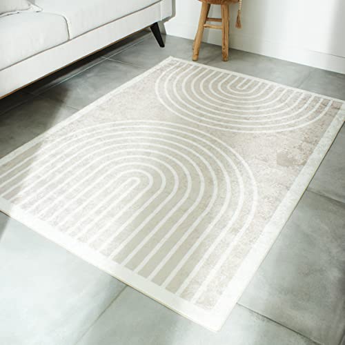 Nazar Teppich für Wohnzimmer, maschinenwaschbar, geometrisch, weich und pflegeleicht, rutschfest, aus Polyester (751 Beige, 80 x 150 cm) von Nazar