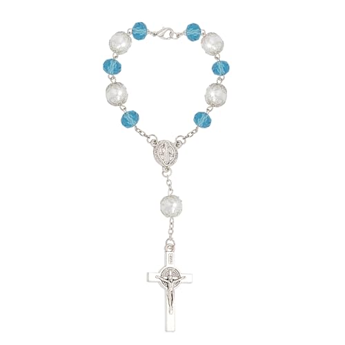 Nazareth Store Schutzmedaille des Heiligen Benedikt mit Kristallperlen, Rosenkranz fürs Auto, Rückspiegel, Metall (Blau) von Nazareth Store
