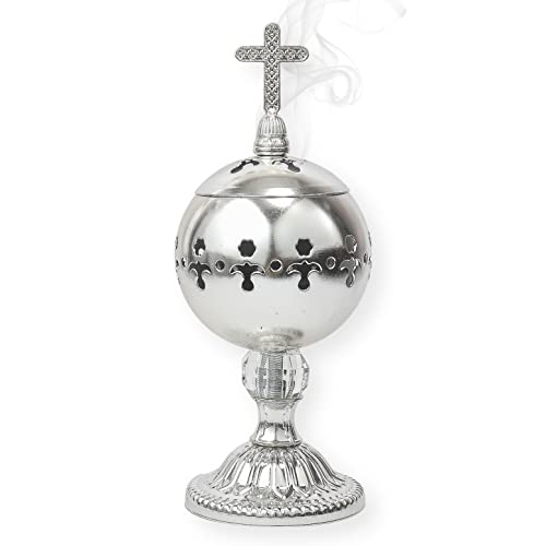 Nazareth Store Räucherstäbchen Holzkohle Poliertes Messing Silber Räuchergefäß Christliche Kirche Harz Kegel Räucherstäbchenhalter Kreuz 7,9" Aromatherapie Duft Ornament von Nazareth Store