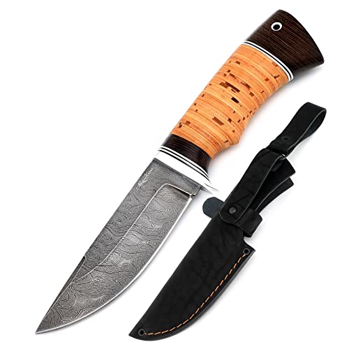 Nazarov Knives Cheetah Jagdmesser handgemacht - hochwertiges Damastmesser mit Holzgriff & Lederscheide, extra scharfer Damaststahl, ideal als Survival Messer oder Campingmesser von Nazarov Knives