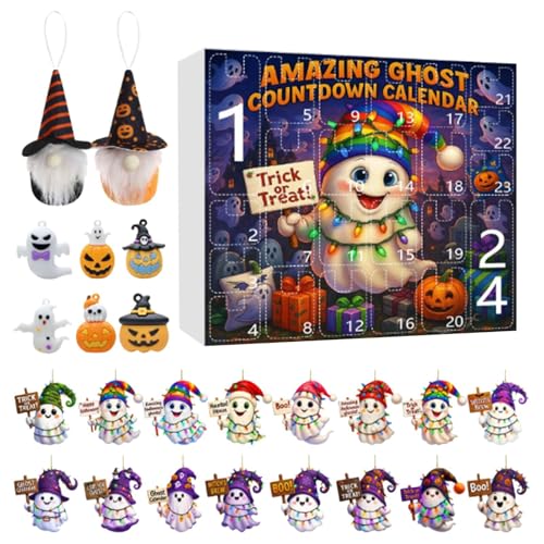 Nbbwwu Halloween Advent 24 Boxen Geist Thema | Halloween Countdown Kalender 2025 | Acryl 2D Dekoration für Erwachsene Kinder Party Baum Mädchen Strumpffüller von Nbbwwu