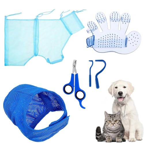 Nbbwwu Katzen Duschbeutel | 5 Stücke Katzen Badesack Set | Atmungsaktive Krallenpflege Mit Zeckenentferner Krallenschere Verstellbare Badezubehör Für Haustiere von Nbbwwu