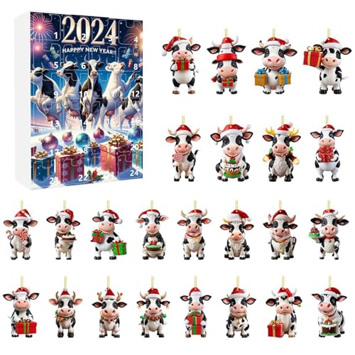 Nbbwwu Weihnachtsornament Adventskalender - 24 Türchen Hängbare Kuh Deko Countdown Kalender - 2D Acryl Festtagsanhänger für Lehrer Gemeindemitglieder Familienbindung Klassenraum Jugendliche von Nbbwwu
