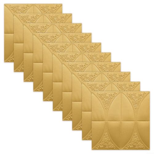 10 Stück 3D Ziegelwand Schaumstoffplatten wasserdichte Wandaufkleber mit Schalldämmung für Badezimmer Wohnzimmer Schlafzimmer und Büro Wände (Gold) von NbgrvB