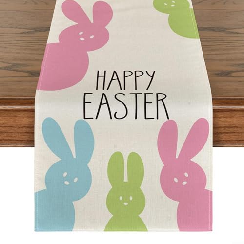 Easter Delight Tischläufer aus Leinen mit fröhlichen Hasen, ideal für jeden Anlass (Tischflagge C) von NbgrvB