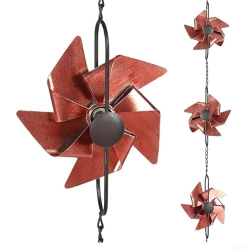NbgrvB Metall-Windmühlen-Regenkette 2,5 m – dekorative Dachrinne Fallrohr Alternative für den Außenbereich Garten Terrasse mit Windrad Wasserumsteller Design – Rot wetterfest von NbgrvB