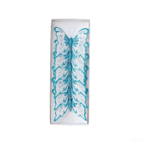 NbgrvB Set mit 6 künstlichen Glitzer-Schmetterlings-Blumen-Ornamenten, Clip-On-Weihnachtsbaumschmuck für festliche Heimdekoration und Urlaubsbastelarbeiten (blau) von NbgrvB