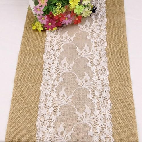 Rustikaler Jute-Tischläufer mit Sackleinen-Spitze, Blumenmuster, für Hochzeit, Party und Heimdekoration, wiederverwendbar und leicht zu tragen (30 x 220 cm) von NbgrvB