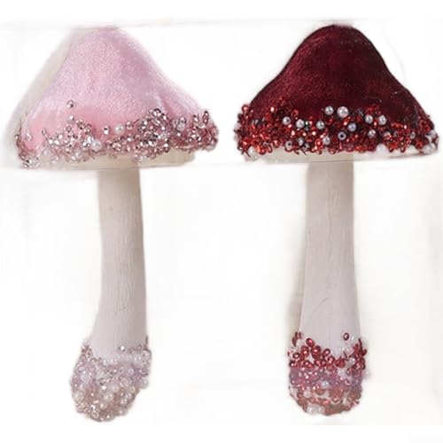Set mit 2 Feiertagspilz-Dekorationen mit beflockter Textur und Glitzerakzenten, geeignet für Weihnachtsbaum oder Tischplatte, aus langlebigem Kunststoff (D) von NbgrvB