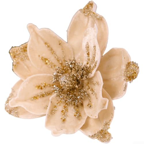 Set mit 4 goldfarbenen Glitzer-Weihnachtsblumen-Dekorationen mit weichem Stoffmaterial und flexiblem Drahtsockel für Baum und Kranz (Beige) von NbgrvB