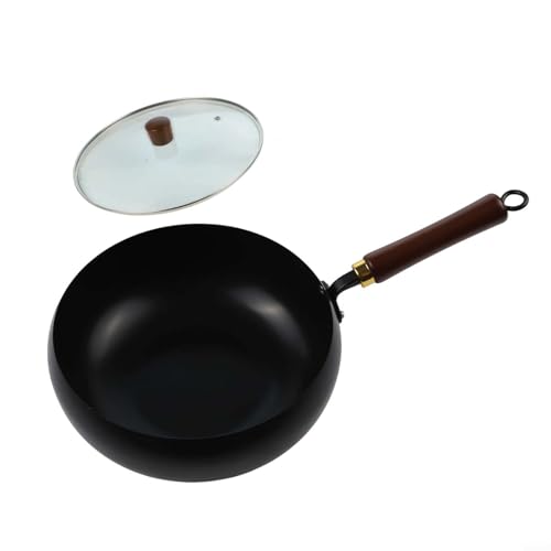 Unique Iron Cookware Traditional Hand Forged Iron Wok Big Belly Pan Uncoated Metal Cooking Pan For Kitchen Home Stove Deep Frying Sautieing (28cm pot+L glass lid) von NbgrvB