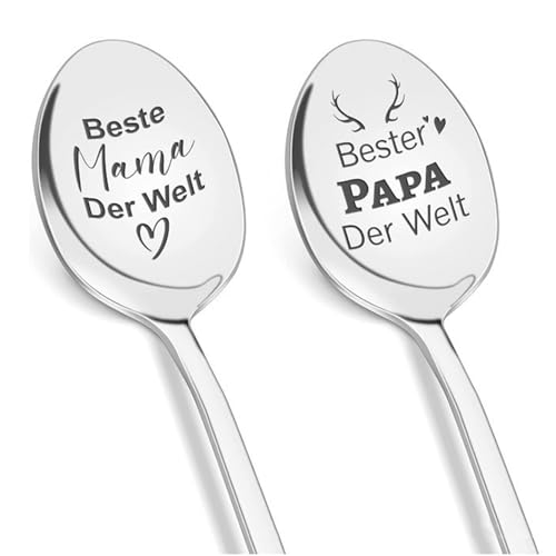 2 Stücke Kaffeelöffel mit Gravur, Mama und Papa Geschenke, Edelstahl Teelöffel, Langer Löffel für Schokocreme, Lang Latte Macchiato Teelöffel Geschenke für Eltern von Nchdewui