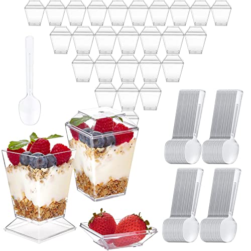 Nchdewui 25 Stück Desserttassen,150ml Dessertschalen Plastik Quadratische Dessertbecher mit 25er Kleine Löffel, Wiederverwendbar Plastik Dessertbecher für Dessertparty Pudding Mousse Eis von Nchdewui