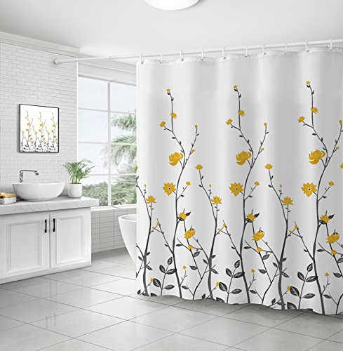 Nchdewui Duschvorhang 180x200 cm Wasserdicht Waschbar Badvorhang, Kleine Gelbe Blume Waschbar Polyester Badevorhänge mit 12 Duschvorhängeringen für Badezimmer, Badewanne von Nchdewui