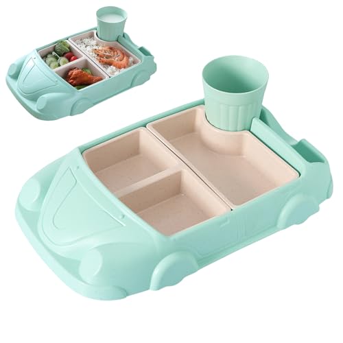 Nchdewui Kinderauto Plastik Essteller, Wiederverwendbares Teller-Besteck, Auto-Förmiges Kinderteller Set, Kindergeschirr Aus Kunststoff, Inklusive Einzelner Teller, Besteck Und Trinkbecher (Grün) von Nchdewui
