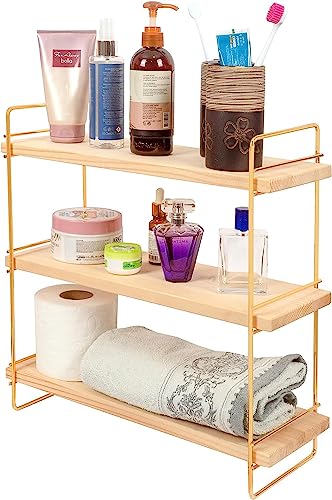 Ndeko Arbeitsplatte Regal aus Holz und Metall Gold mit 3 Ablagen, Badregal, Holzregal, Regalbrett Organizer und Aufbewahrung für Badezimmer Wohnzimmer Küche von Ndeko