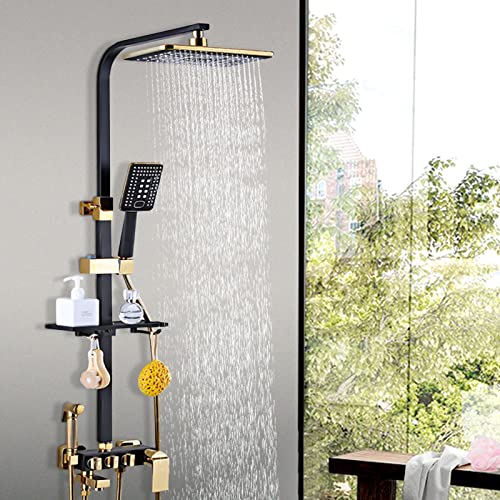 NeNchengLi Regendusche-Set, Duschkopf schwarz + gold Duschsystem mit Thermostat aus Edelstahl Duschset mit vier Duschköpfen und 3 Wasserauslassmodi Höhe 75–120 cm von NeNchengLi