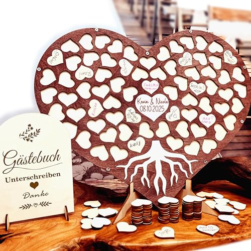 Neamon Hochzeit Gästebuch aus Holz Herzform Alternative Geburtstagsgeschenk Gästebuch Geburtstag Taufe Graduierung Dekoration mit 74 Holzherzen 1 Zeichen Stift Set (Brauner Baum) von Neamon