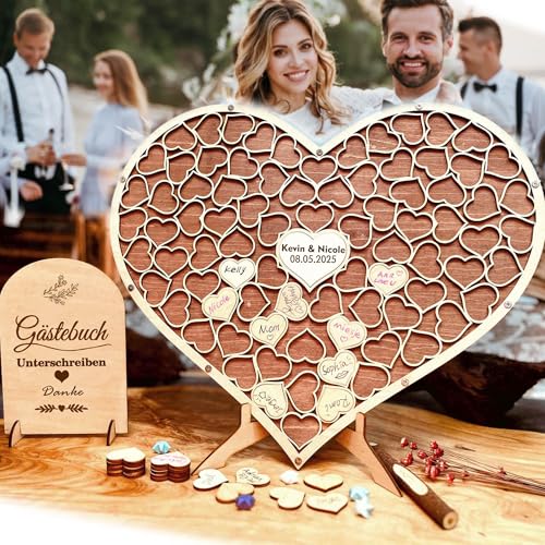 Neamon Hochzeit Gästebuch aus Holz Herzform Alternative Gästebuch Geburtstag Taufe Graduierung Dekoration Holz Puzzle mit 83 Holzherzen 1 Zeichen Stift Set (Rötlichbraun) von Neamon