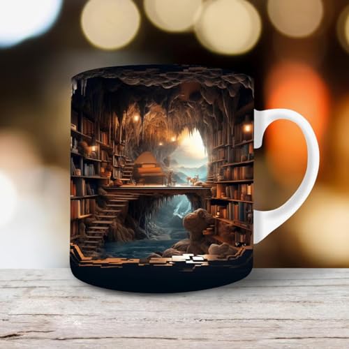 Keramik Tasse Groß Mit Deko Bücherregal, Bücherregal Bibliothek Teebecher, Buch Kaffeetassen Für Heiße Getränke, Neuheit Teetasse Geschenke Für Booklover, Trinkbecher Für Tee Milch Getränkesaft von Neamou