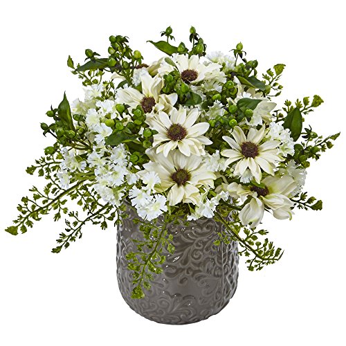 Nearly Natural Fast Natur Daisy Bush Seide Arrangement in Vase, Weiß von Nearly Natural