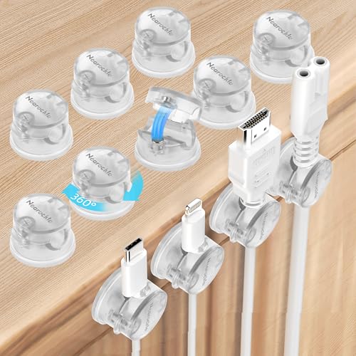 12 Stück [360°Drehbar] Magnetischer Kabelhalter Kabelmanagement Kabelclips, Nearockle Verbesserter Starker Magnetischer Selbstklebender Kabel Organizer für Schreibtisch, Nachttisch (Transparent) von Nearockle