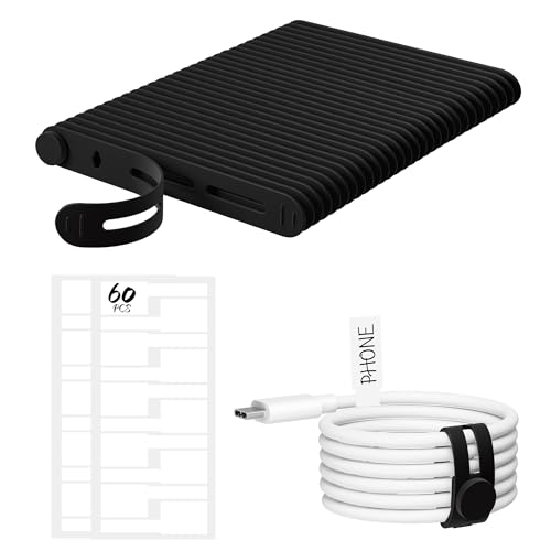 Nearockle 30 Stück Silikon kabelbinder wiederverschließbar und 60 Stück Kabeletiketten, wiederverwendbar Kabelmanagement Kabel Organizer, ladekabel, Kopfhörerkabel, Büro, Schreibtisch (schwarz) von Nearockle