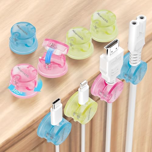 9 Stück [360°Drehbar] Magnetischer Kabelhalter Kabelmanagement Kabelclips, Nearockle Verbesserter Starker Magnetischer Selbstklebender Kabel Organizer für Schreibtisch, Nachttisch (Blau+Gelb+Rosa) von Nearockle