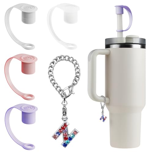 Nearockle 4 Stück Silikon Strohhalm Abdeckung Auslaufschutz mit Buchstabenanhänger, Kompatibel für Stanley Quencher H1.0 H2.0 30oz|40oz Cup Tumbler FlowState Zubehör (Mehrfarbig, N) von Nearockle