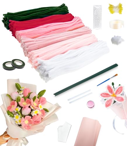 Nearockle 400 Stück Pfeifenreiniger zum Basteln，Pfeifenreiniger Blumen in 6 Farben，Pfeifenputzer Blumen Pipe Cleaner mit Grünem Bastelfaden Klebeband Staubblätter Weiteres Zubehör (Rote + Pinke Serie) von Nearockle