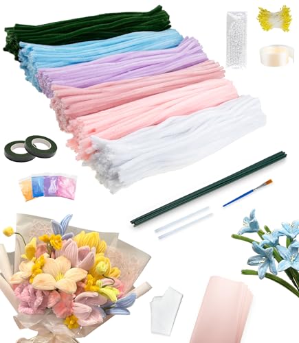 Nearockle 400 Stück Pfeifenreiniger zum Basteln，Pfeifenreiniger Blumen in 6 Farben，Pfeifenputzer Blumen Pipe Cleaner mit Grünem Bastelfaden Klebeband Staubblätter Weiteres Zubehör (Lichtfarbenserie) von Nearockle