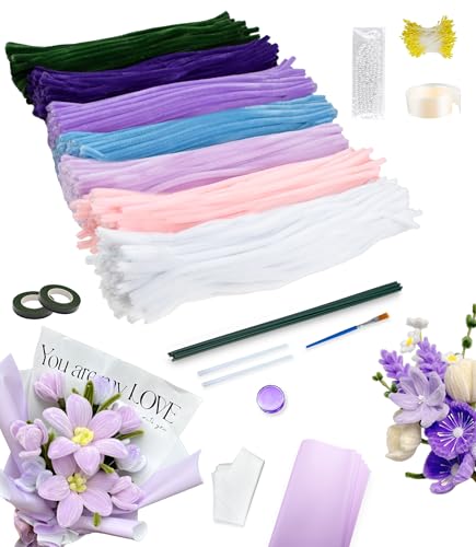 Nearockle 400 Stück Pfeifenreiniger zum Basteln，Pfeifenreiniger Blumen in 7 Farben，Pfeifenputzer Blumen Set mit Grünem Bastelfaden Klebeband Staubblätter Weiteres Zubehör (Lila + Blau + Rosa Serie) von Nearockle