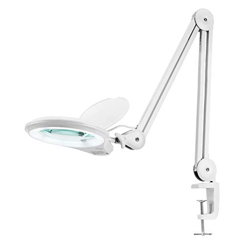 Neatfi Bifokal 1.200 Lumen Super LED Lupenlampe mit Klemme, Zwei Vergrößerungsoptionen, dimmbar, 60 SMD-LEDs, 13 cm Durchmesser Linse, Verstellbarer Arm (Weiß, 5 Dioptrien + 20 Dioptrien) von Neatfi