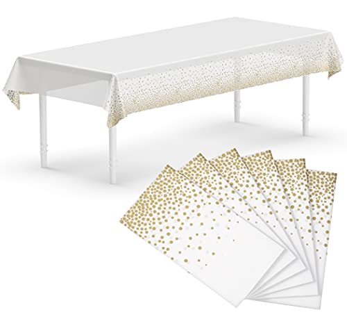 Neatiffy 137 cm x 274 cm 6er-Pack rechteckige Tischdecken aus Kunststoff für Picknick-/Camping-/Party-/Bankett-Tischdecken. Einweg-/Mehrwegtischdecken Weiß mit Goldenen Punkten von Neatiffy
