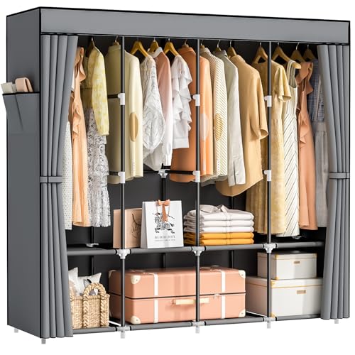 Neatrays Kleiderschrank, Stoffschrank mit 4 Kleiderstange Stabil & 8 Fächern, Faltbarer Kleiderschrank Wardrobe Closet für Kleiderablage Schlafzimmer Ankleidezimmer(Grau) von Neatrays