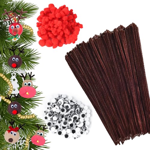 450 Stück Braune Pfeifenreiniger Set, Pfeifenputzer Set, Weihnachten Pfeifenreiniger Chenilledraht Set Mit Rote Pom Poms,Selbstklebend Bastelaugen,Pfeifenreiniger Braun zum Basteln von Necdeol