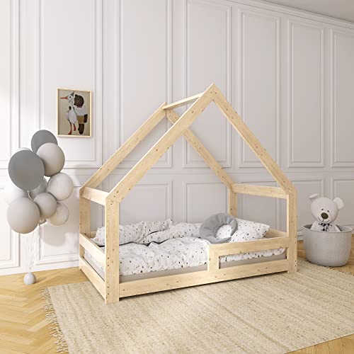 Need Sleep Kinderbett Haus Hausbett Bodentief 80x160 cm mit Rausfallschutz Schornstein Lattenrost Bodenbett Montessori Bett ab 2 Jahre aus Holz Mädchen Junge Symmetrisch von Need Sleep