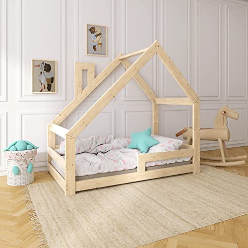 Need Sleep Kinderbett Kinder Hausbett 90x180 Bodentief mit Rausfallschutz Lattenrost Schornstein Kleinkind Bodenbett Haus ab 2 Jahre Montessori Bett aus Holz Mädchen Junge Asymmetrisch von Need Sleep