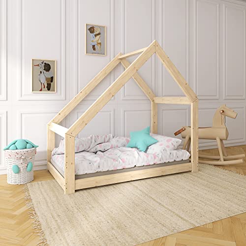 Need Sleep Hausbett Kinder Kinderbett 90x180 Bodentief ohne Rausfallschutz mit Lattenrost Kleinkind Bodenbett Haus ab 2 Jahre Montessori Bett aus Holz Mädchen Junge Asymmetrisch von Need Sleep