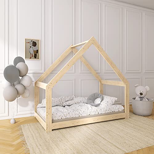 Need Sleep Kinderbett Haus Hausbett Bodentief 90x180 cm ohne Rausfallschutz mit Lattenrost Bodenbett Montessori Bett ab 2 Jahre aus Holz Mädchen Junge Symmetrisch von Need Sleep