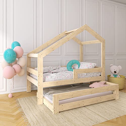 Need Sleep Ausziehbett Hausbett mit Gästebett 200x90/180x90 Asymmetrisch aus Fichtenholz Holz Naturfarbe von Need Sleep