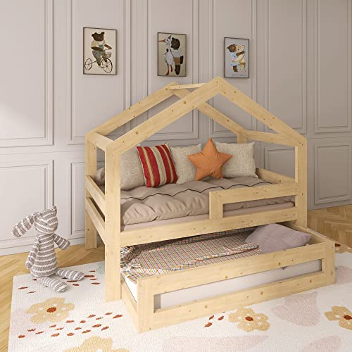 Need Sleep Ausziehbett Hausbett mit Gästebett 200x90/180x90 Symmetrisch aus Fichtenholz Holz Naturfarbe von Need Sleep